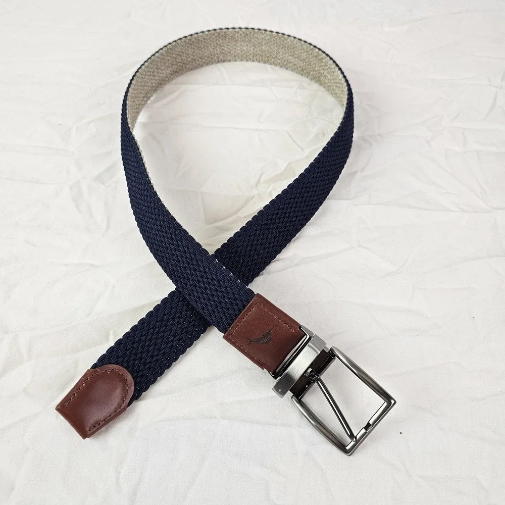 TOMMY BAHAMA Mens S M Braided Cotton Woven Blue Leather Trim Belt Silver Work